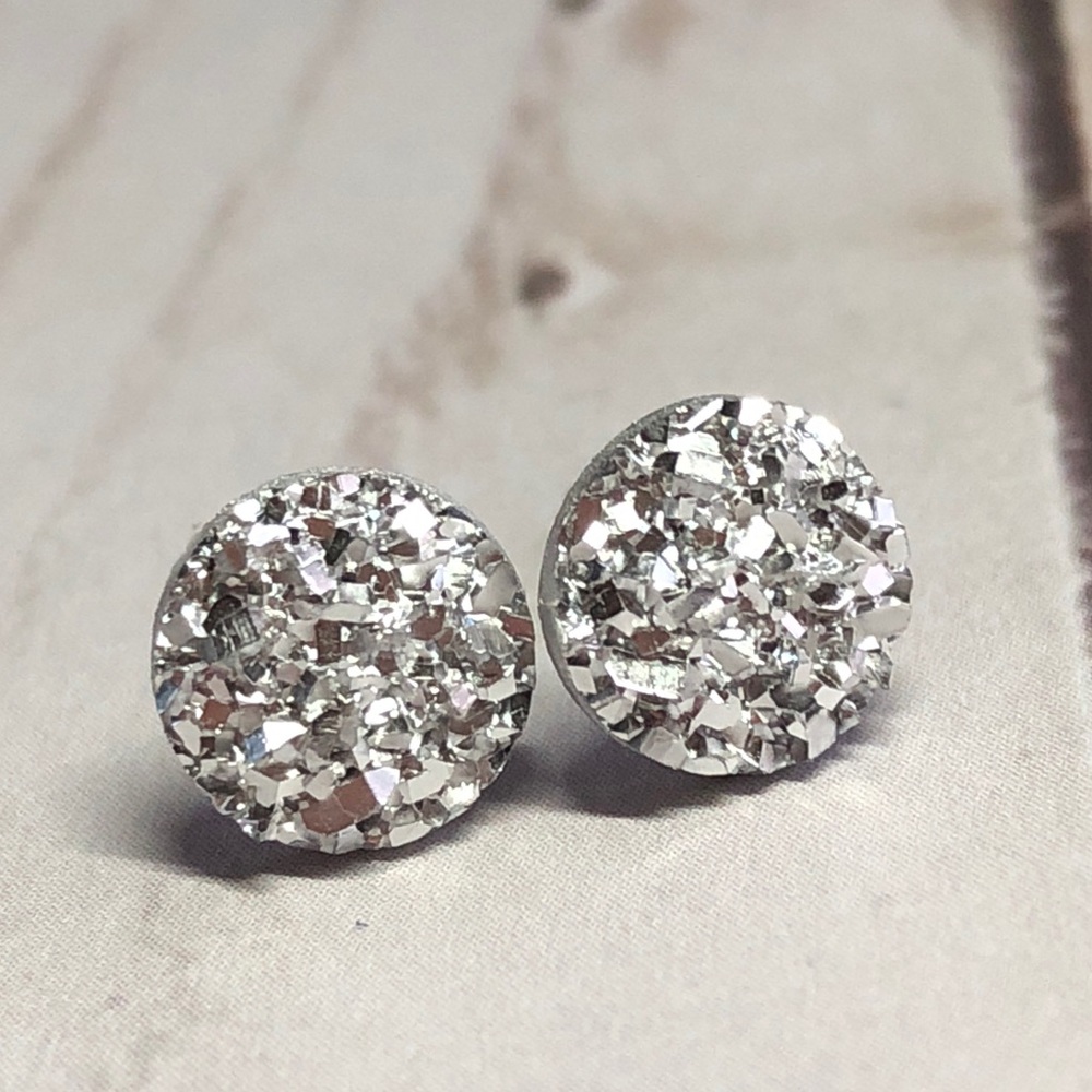 Silver Faux Druzy 8mm Post Back Stud Earrings! - Picture 6 of 16